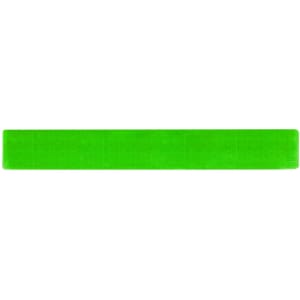 A bright green reflective slap wristband with a textured surface, featuring a logo.