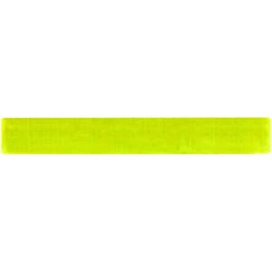 A reflective slap wristband in bright yellow featuring a textured surface and a logo.