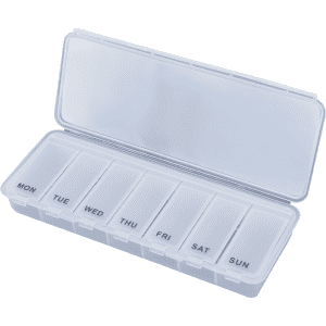 A clear plastic pill box with compartments for each day of the week, featuring a flip-top lid and a simple design.