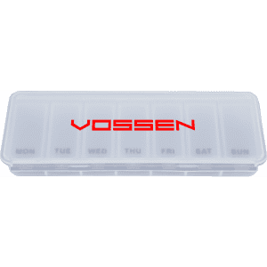 A transparent weekly pill box with compartments for each day, featuring a red logo.
