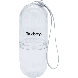 A clear, cylindrical pill tube with a white strap and a logo on the front.
