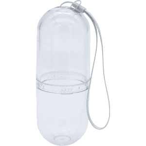 A transparent, cylindrical pill tube with a grey strap. It features two compartments for storing items.