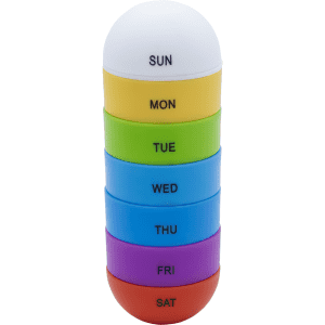A multi-coloured pill organiser with compartments for each day of the week, featuring a white top and vibrant bottom sections.