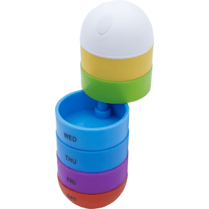 A multi-coloured pill tube featuring compartments for different days of the week, topped with a white lid.