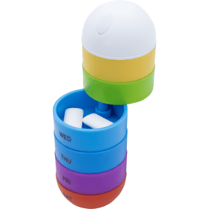 A multi-coloured pill tube featuring sections in green, yellow, blue, purple, and a white lid. It has a logo.