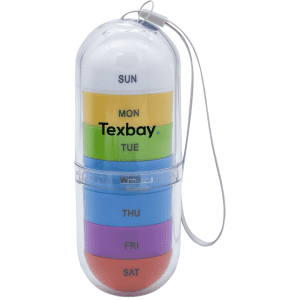 A transparent pill tube with seven coloured compartments for each day of the week, featuring a white cap and a string.