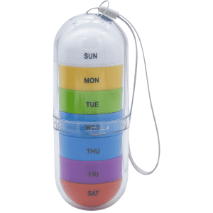 A rainbow-coloured pill tube with seven compartments, each labelled for a day of the week, and a lanyard for carrying.