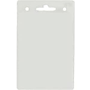 A clear plastic badge holder with two holes at the top for attaching a lanyard or clip.