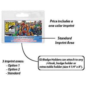 A clear plastic badge holder with a colourful graphic and a logo, designed for ID or badge attachment.