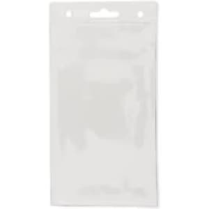 A clear, flat badge holder with a hang hole at the top, designed for holding event badges or cards.