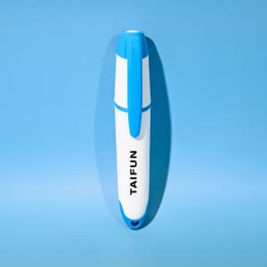 A highlighter in a blue and white design, featuring a logo and a cap on one end.