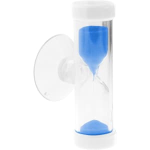A clear sand timer with a white top and bottom, featuring blue sand inside.