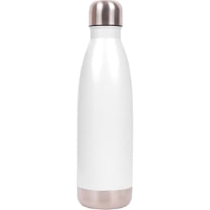 A drink bottle in white with a metallic silver base and cap, featuring a logo on its side.