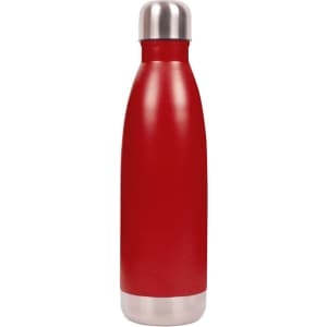 A drink bottle in vibrant red with a stainless steel base and a silver cap, featuring a logo.