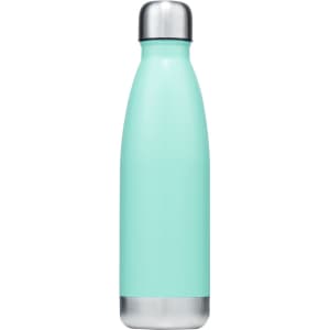 A drink bottle in a teal colour with a stainless steel base and cap, featuring a simple design.