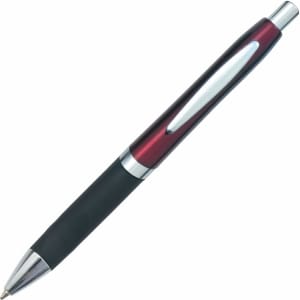 A sleek red and black plastic pen with a smooth grip and chrome accents. Features a logo on the side.
