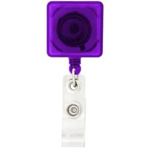 A rectangular badge holder in vibrant purple with a clear retractable strap. It features a circular logo on top.