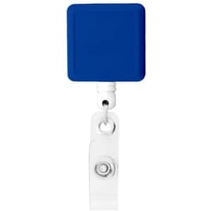 A blue rectangle badge holder with a clear retractable reel attachment for easy display.