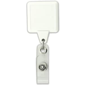 A clear rectangular badge holder with a retractable reel and metal clip. It features a white square attachment.