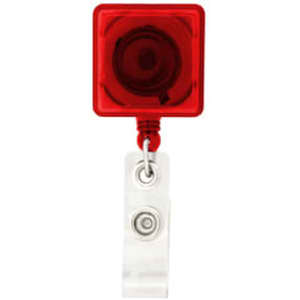 A red rectangle badge holder with a white clip attachment at the back.