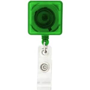 A green square badge holder with a clear clip for attaching to clothing or accessories.