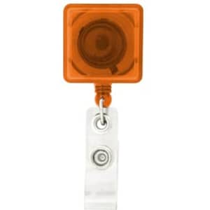 An orange rectangle badge holder with a retractable reel and a clear clip attachment.
