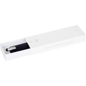 A sleek silver metal pen inside a white packaging box, featuring a logo and a soft black interior.