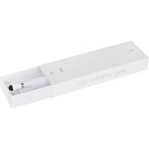 A metal pen in a white box labelled with a logo, featuring a sleek design and a minimalist aesthetic.