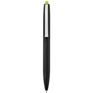 A black pen with a green top, featuring a sleek design and a branding logo on the side.
