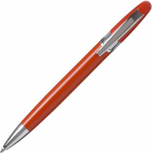 A metal pen in vibrant red with a shiny silver clip and tip. It features a branding logo on the barrel.