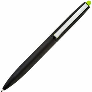 A black pen with a green tip and a sleek design, featuring a logo on the barrel.