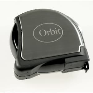 A tape measure with a black casing and a silver top, featuring a logo.