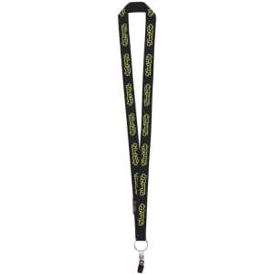 A black lanyard featuring yellow branding, designed with a secure clip for attachments.