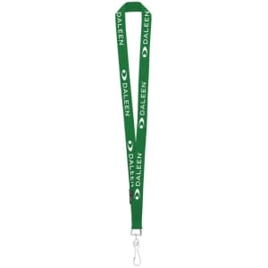 A green custom lanyard featuring a logo and text in white, with a metal clip at the end.