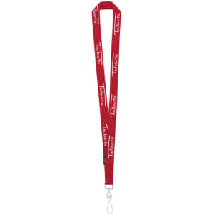 A red custom lanyard featuring a branding logo and a metal clip at the end.