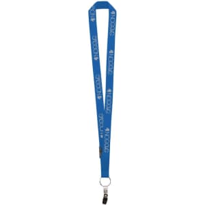 A blue custom lanyard featuring a logo and a clip attachment at the end.