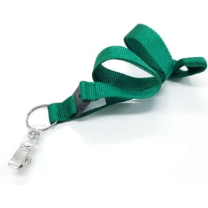 A green 19mm custom lanyard with a metal clip and keyring attachment.