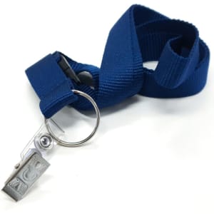 A navy blue 19mm custom lanyard with a silver metal clip and key ring attachment.