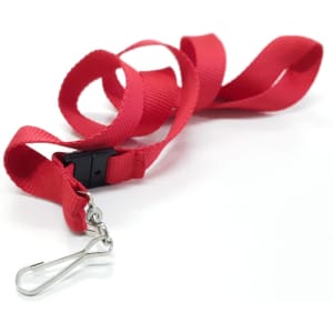 A red 19mm custom lanyard with a metal clip and a plastic buckle. It features a woven texture and a logo.