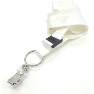 A 19mm custom lanyard in white with a clip and ring attachment, featuring a branded logo.