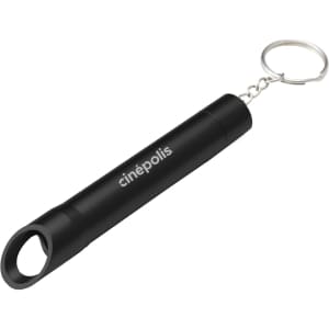 A black bottle opener keychain with a cylindrical shape and a loop for easy attachment. It features a logo.