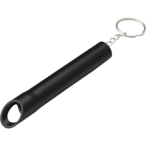A black drink bottle opener keychain with a metal ring for attaching to accessories. It has a sleek, cylindrical design.