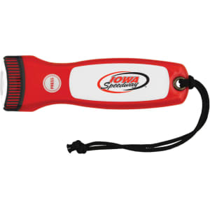 A red and white magnetic flashlight with a black strap and logo on the side.