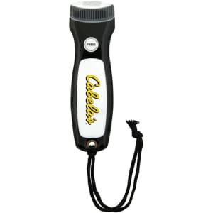 A black and white magnetic flashlight featuring a textured grip and a wrist strap. It has a logo on the side.