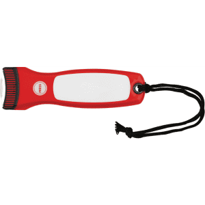 A red flashlight with a white panel and a wrist strap. It features a logo on the body.