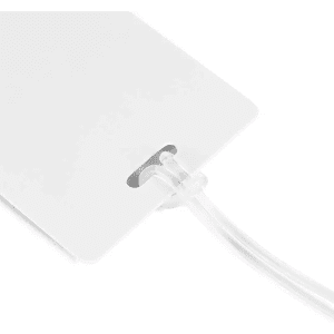 A white imprinted mini luggage tag with a clear strap, featuring a branding logo.