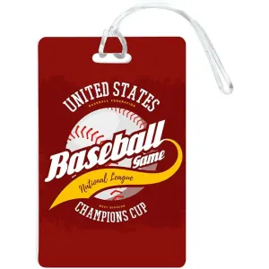 A red imprinted mini luggage tag with a baseball design and a clear attachment strap. It features a logo.