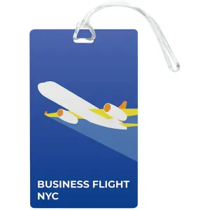A blue luggage tag featuring a graphic of an airplane with orange and yellow accents. It has a loop for attachment.