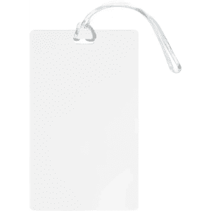 A clear large luggage tag with a translucent strap, featuring a space for personal information.