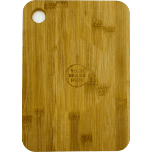 A large bamboo cutting board with a round hole, featuring a logo in the centre. The board has a natural wood finish.